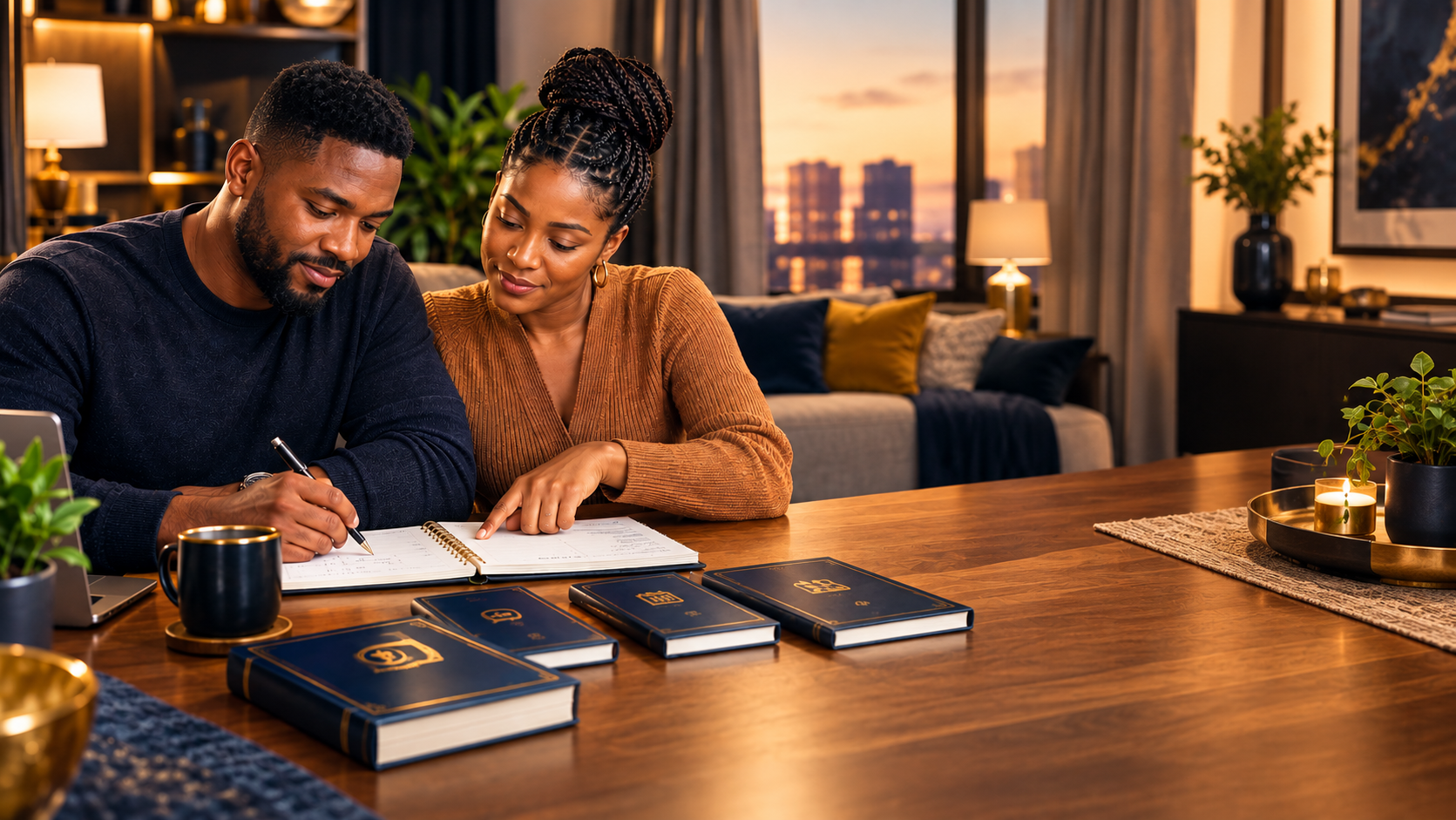 A couple sitting together at their dining table, working through The Money Fight Reset guide and its three companion books